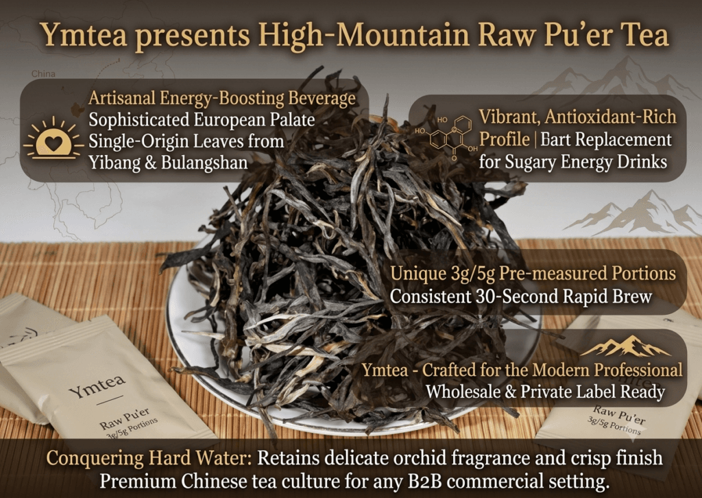 Premium Bingdao (Iceland) Raw Pu-erh Tea | Old Arbor Loose Leaf & Portions(1kg) 7 Ymtea presents high-mountain Raw Pu'er Tea, an artisanal energy-boosting beverage for the sophisticated European palate. Featuring single-origin leaves from Yibang and Bulangshan, this tea delivers a vibrant, antioxidant-rich profile that replaces sugary energy drinks. Our unique 3g/5g pre-measured portions ensure a consistent, 30-second rapid brew every time, regardless of the user's skill level. Designed for the modern professional, these portable tea packs are easily customized for wholesale orders and private labels. We solve the European hard water challenge by ensuring our raw leaves retain their delicate orchid fragrance and crisp finish, making premium Chinese tea culture accessible and convenient for any B2B commercial setting.