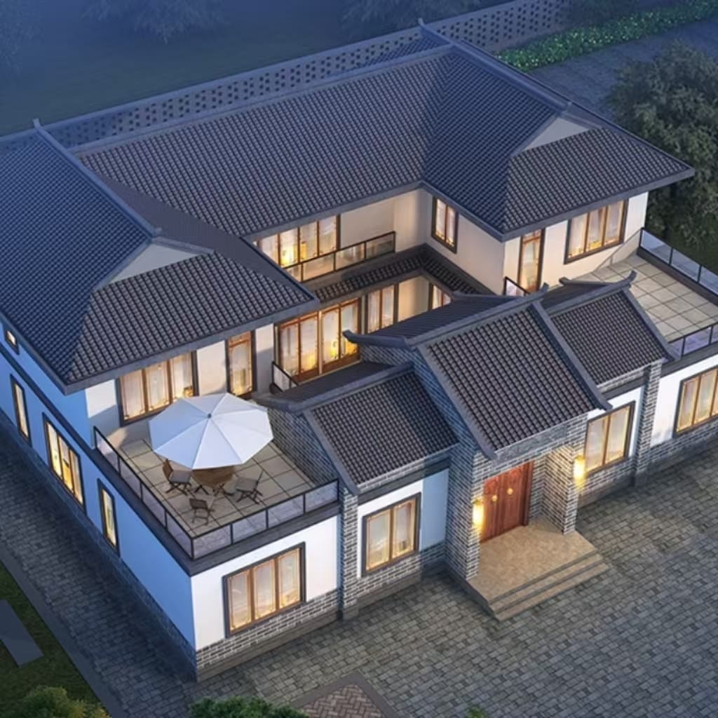 Contemporary Zen Courtyard Villa Architectural Plans & 3D Aerial Renderings — Concept Design Package (Instant Digital Download)(03四合院-2层) 1 Architectural Design Drawings