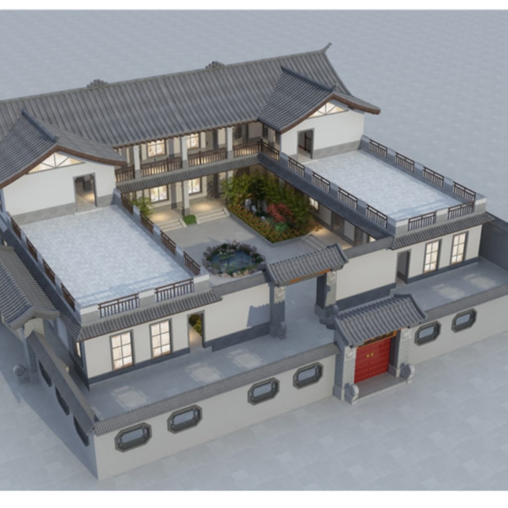 Contemporary Zen Courtyard Villa Architectural Plans & 3D Aerial Renderings — Concept Design Package (Instant Digital Download)(05四合院-2层) 1 Architectural Design Drawings