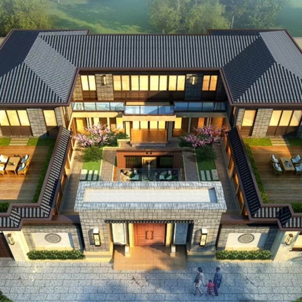 Contemporary Zen Courtyard Villa Architectural Plans & 3D Aerial Renderings — Concept Design Package (Instant Digital Download)(07四合院-2层) 1 Architectural Design Drawings
